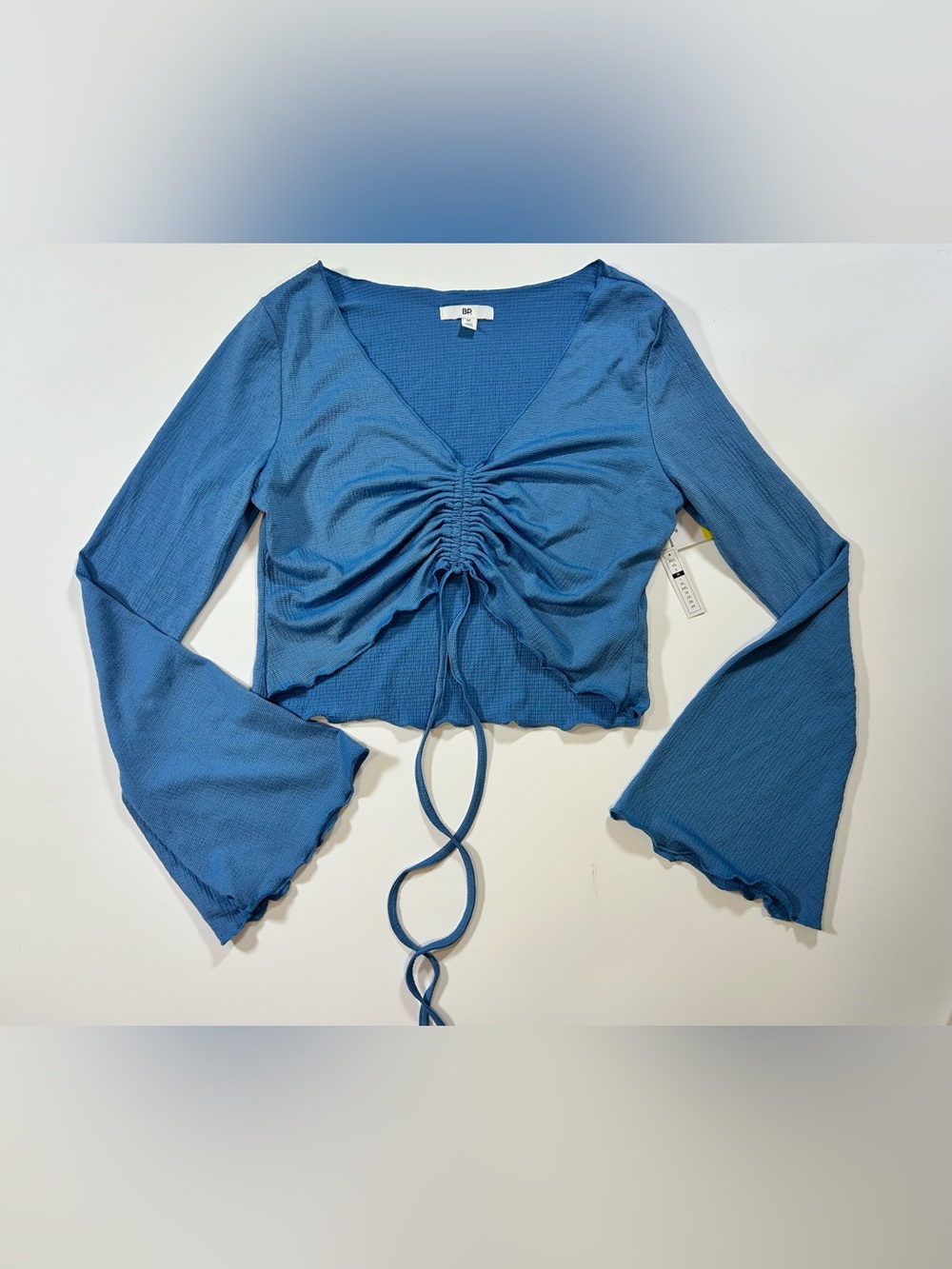 BP. Blue Ruched Drawstring Flare-Sleeve Crop Top Size Medium